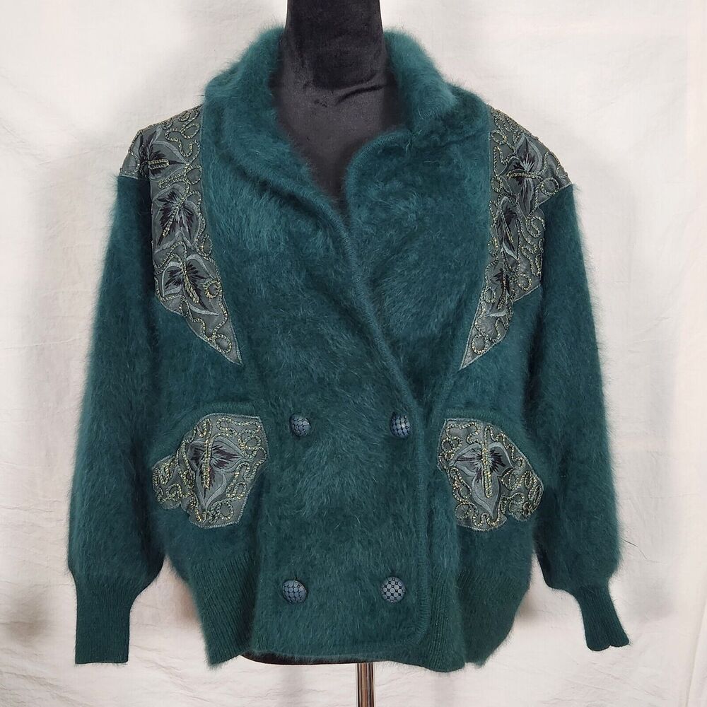 VNTG Belldini Dark Teal Angora Embellished Button Up Lined Sweater Jacket Sz Med